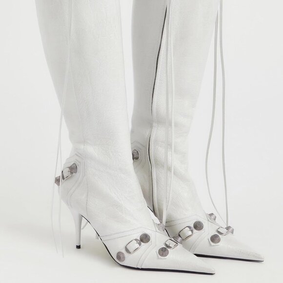 Women's Faux Leather White Stiletto Knee High Pointed Toe High Heel Zipper Boots - Picture 3 of 6